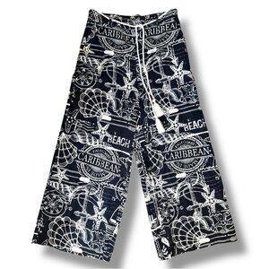 Joie Black/Ivory Island-Print Linen Blend Wide Leg Pants Size Small